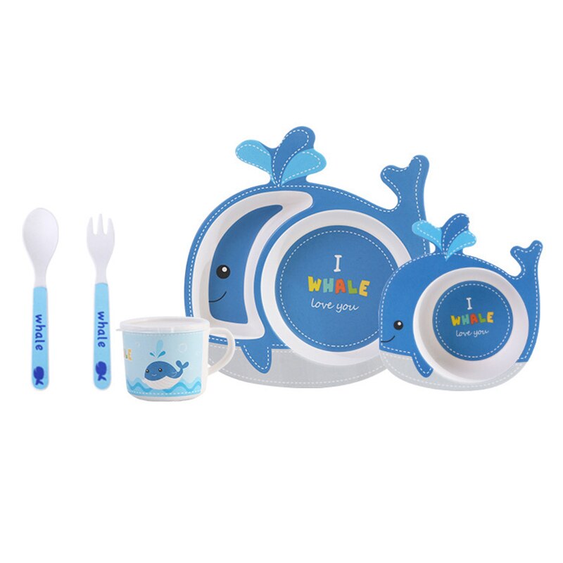 Vaisselle bébé belle bande dessinée enfants alimentation plats enfants plat bambou Fiber vaisselle ensemble avec bol fourchette tasse cuillère plaque 5 pièces: Whale Set