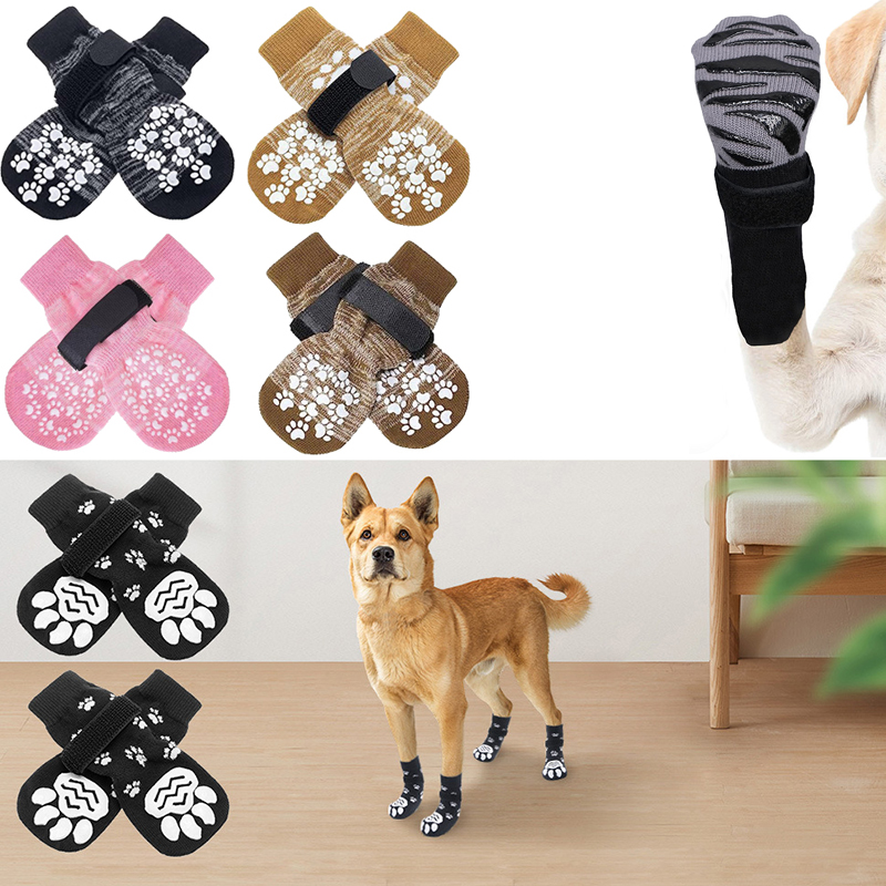 4 pçs/set anti deslizamento meias do cão com correias controle de tração para interior em piso de madeira usar protetor de pata do animal de estimação para cães pequenos animal de estimação
