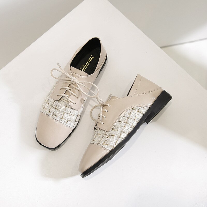 Preppy Girls oxford shoes for women lace up flats square toe loafers derbies plaid patchwork small leather shoes woman34-43: apricot / 6