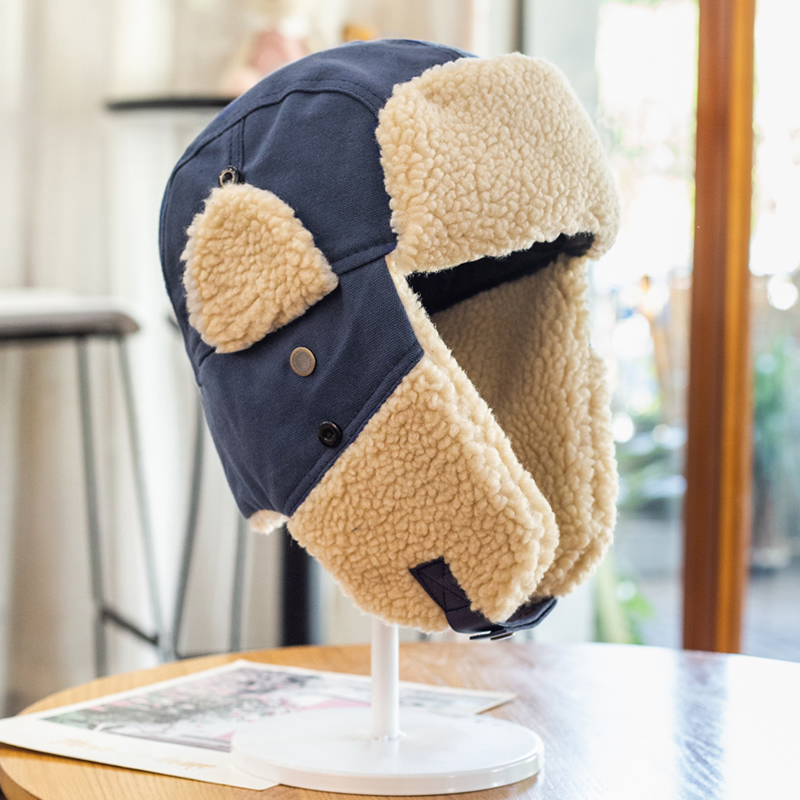 Ski Hat Pilot Bomber Hat Unisex Wind and Cold Winter Cotton Hat Ear Protection and Velvet Earmuffs Cycling Goggles Fluffy Hat: navy hat