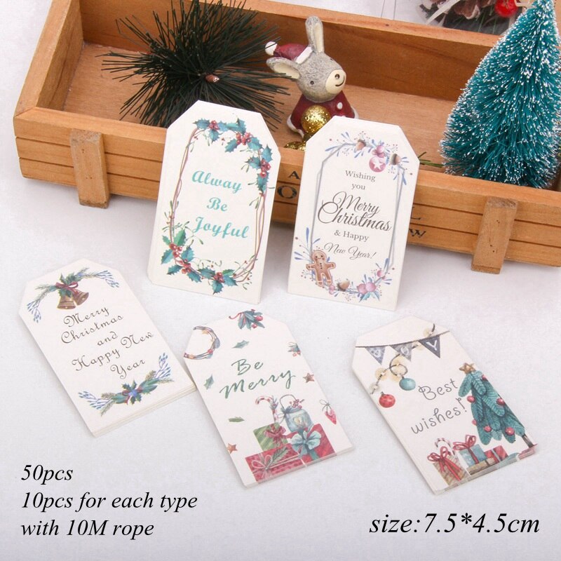 50 stuks/partij vrolijke kerstpapieren labels met touw diy knutselkaarten kerstfeest hangende labels inpakbenodigdheden huishoudelijke artikelen: 50 stuks wit