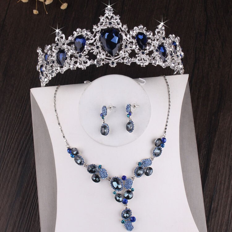 Baroque Luxury Silver Plated Blue Crystal Bridal Jewelry Sets Necklace Earring Tiara Crown Set Wedding African Beads Jewelry Set: 3Pcs Jewelry Set