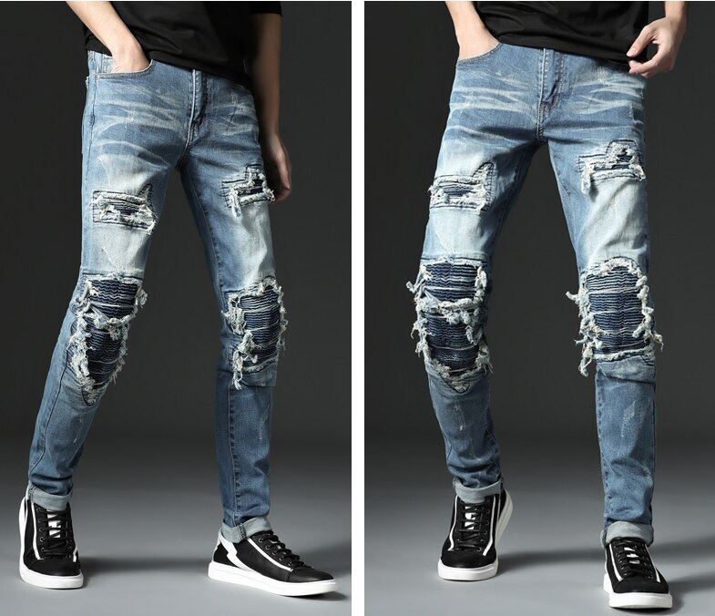 Distressed patch hole biker jeans punk rock heren slim straight jeans stretch katoenen denim gescheurde broek