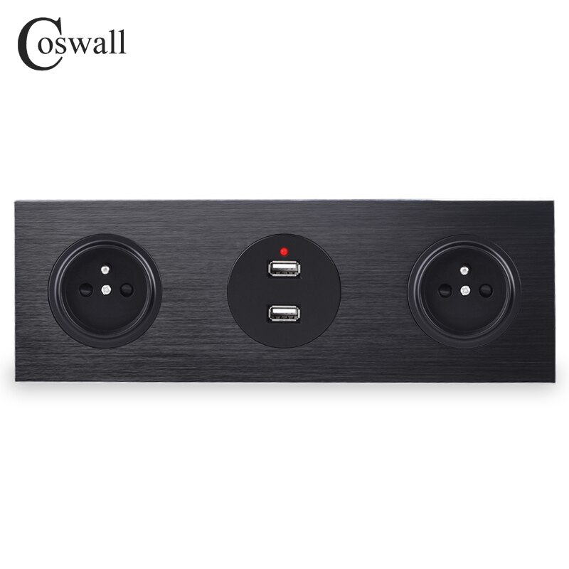 Coswall svart aluminiumspanel dobbel fransk standard veggkontakt jordet + dobbel usb-ladeport 2.4a utgang  r12- serien: misligholde tittel
