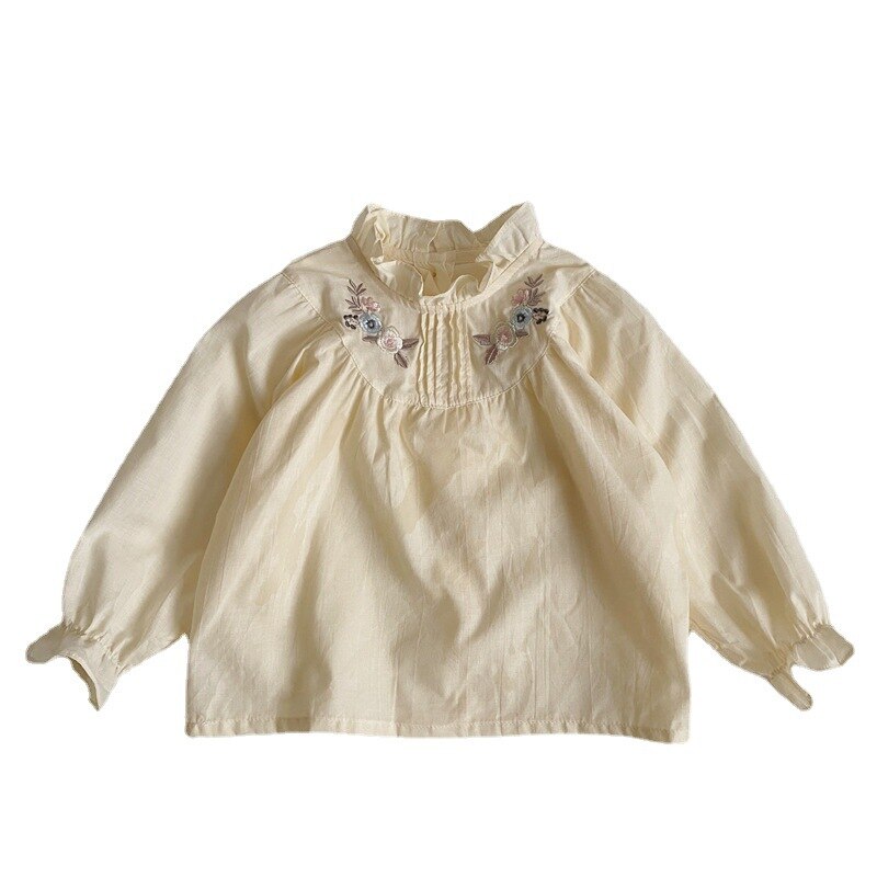 2022 Spring New Korean Girls&#39; Embroidered Stand-up Collar Shirt Children&#39;s Lace Sweet Retro Top