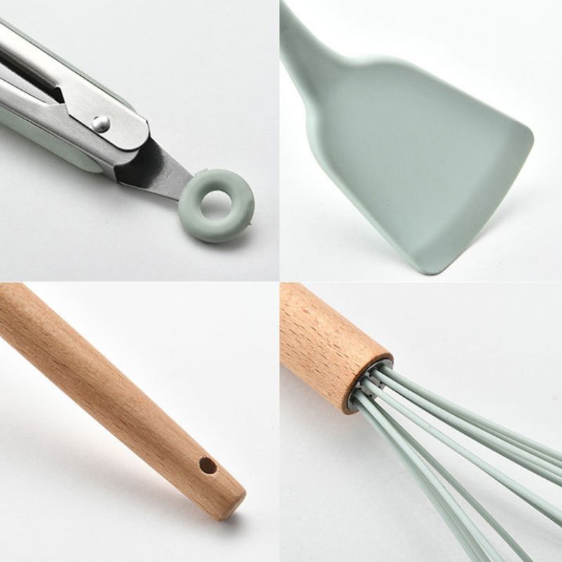 Non-toxic Silicone Kitchen Cooking Utensils Set Natural Wooden Handle Cooking Tools Turner Tongs Spatula Spoon for Nonstick Cook