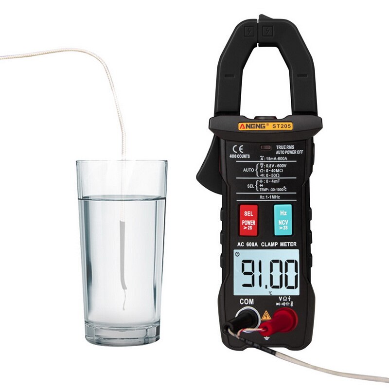 Junejour digitale stroomtang analoge multimeter stroomtang dc/ac intelligente automatische bereikmeter met temperatuurtester: Zwart