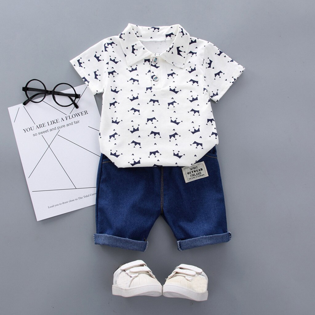 Kleding Outfits Set Peuter Kids Baby Boy Korte Mouwen Kroon Patroon Shirt Tops + Denim Broek Set vestido menina enfant fille