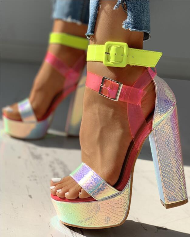Neue Frauen Sandalen Damen hoch Hacke Hausschuhe Süssigkeit Farbe Offenen Zehen Starke Ferse Weibliche Folien Sommer Schuhe