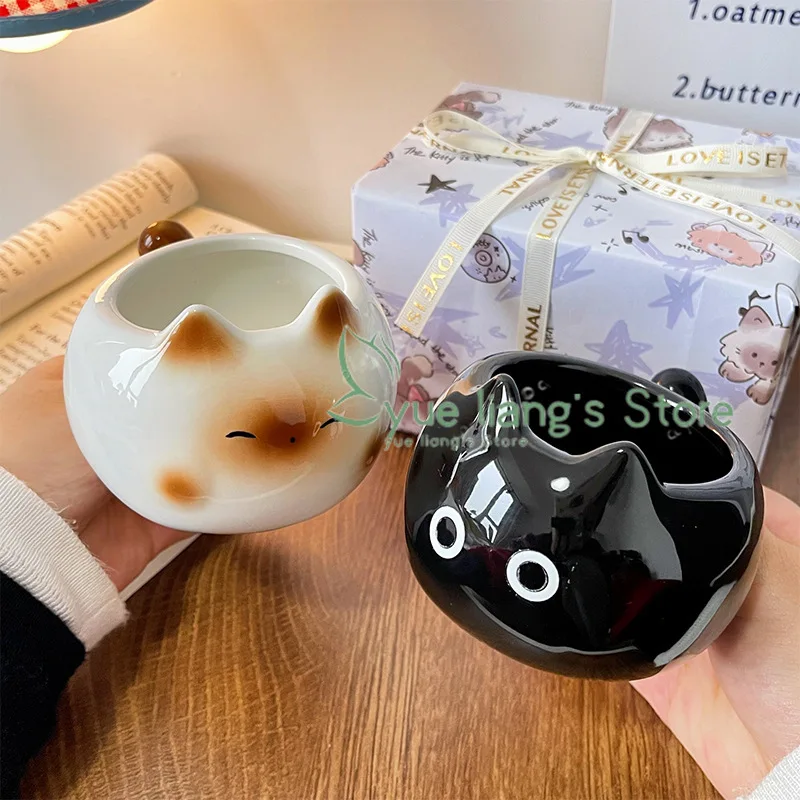 Taza de gato siamés, taza de cerámica de dibujos animados con tapa, cuchara, taza de agua, taza para pareja, divertido para cumpleaños de amigos