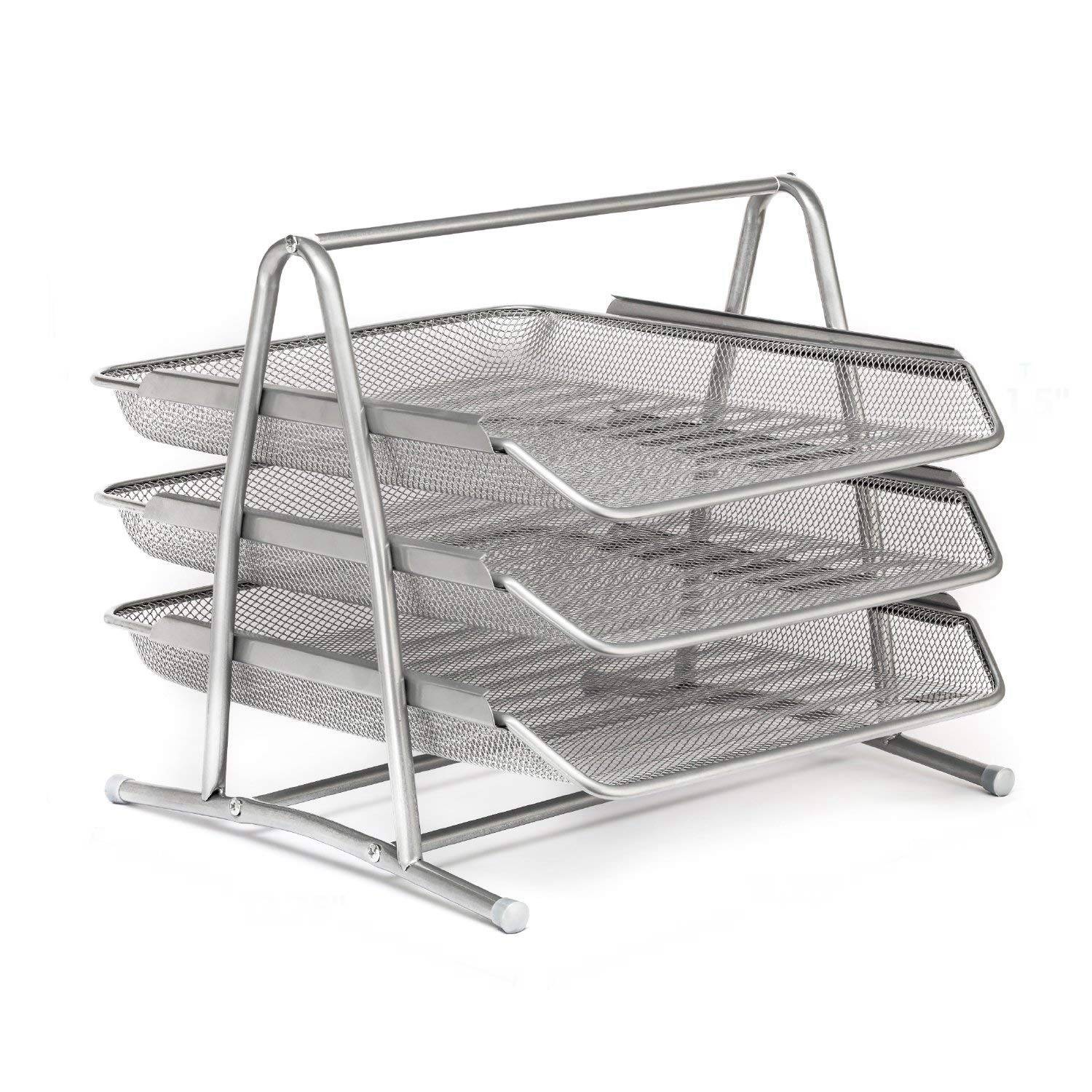 MIRUI Desk Organizer 3-Tier File Document Letter Paper Tray Sorter Collection Desktop Organizer Holder Shelf Metal Mesh silver