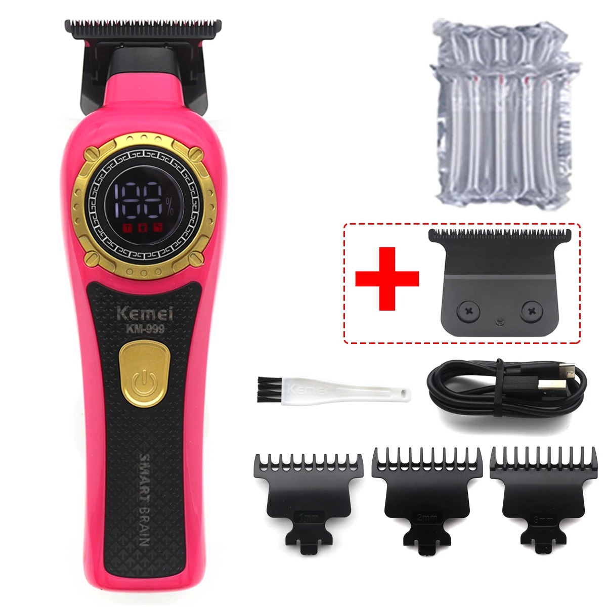 Cortadora de pelo inalámbrica Kemei KM-999 para hombres, cortadora de pelo DLC T-Blade Zero Gapped, Máquina para cortar cabello con acabado eléctrico: Plata