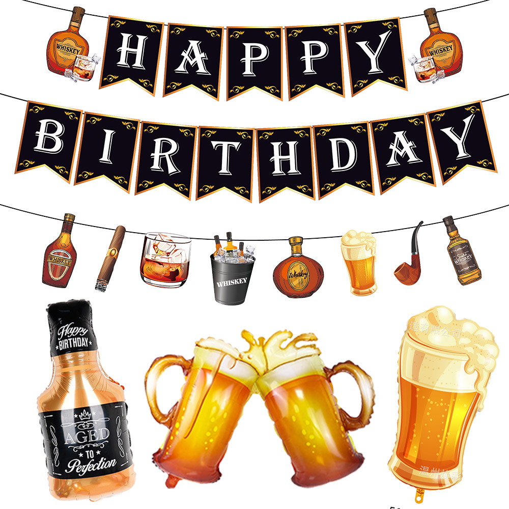 Pancarta de feliz cumpleaños, taza de cerveza, botella de whisky, globo de aluminio para hombres y mujeres, suministros de decoración para de cumpleaños de whisky 30 40 y 50