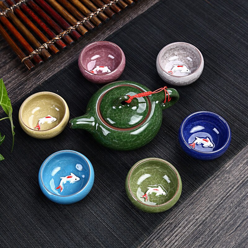 Celadon Fish Tea Set Ceramic Kettle Ceramic Tea Cup Fish Chinese Kung Fu Tea Chinese People Ceramic Kung Fu Tea Set JS22: colorful
