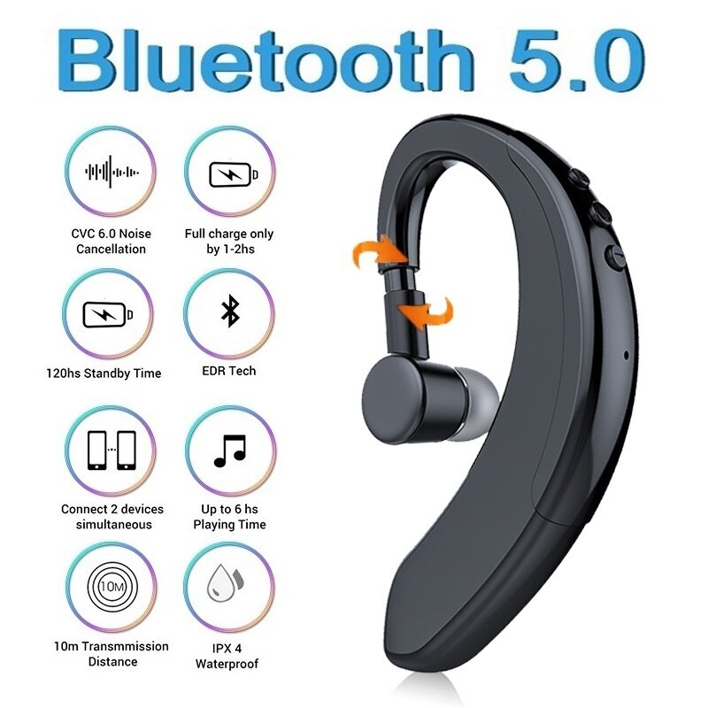 Draadloze Bluetooth5.0 Oorhaak Oortelefoon Waterdichte Sport Business Headset Single Ear Oortelefoon Met Microfoon Smartphone