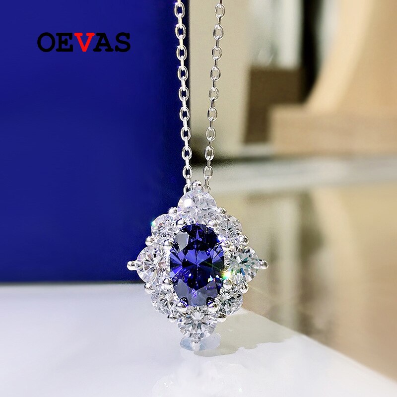 Oevas 100% 925 sterling silber 6*9mm saphire, hochkohlenstoffhaltige diamanten 43cm anhänger halskette für damen funkelnder hochzeitsschmuck