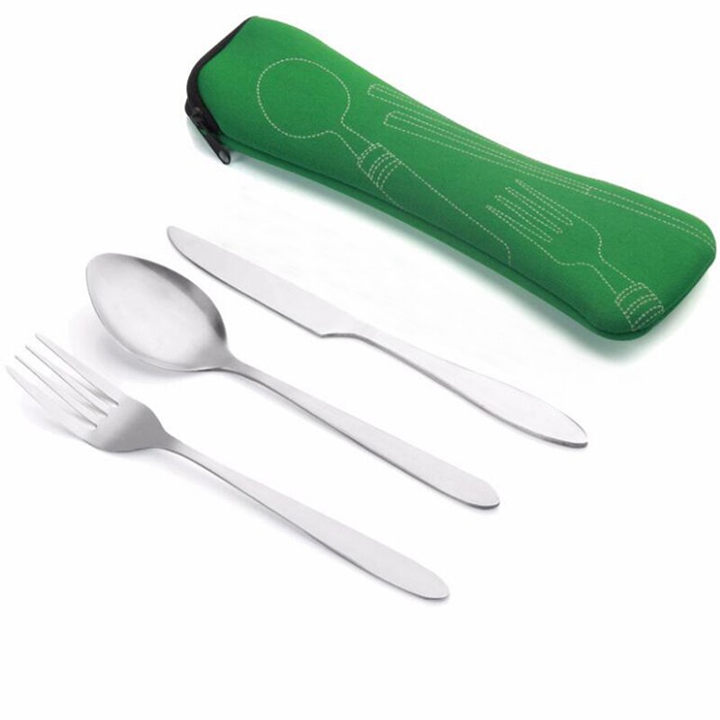 Camping bestik sæt bærbart rustfrit stål gafler knive skeer udendørs rejse bestik picnic service med taske: Grøn