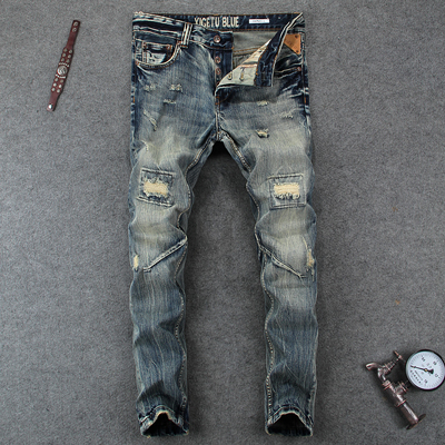 Mens Jeans Knee Hole Frayed Ripped Jeans For Men Beggar Pants Brand Buttons Pants Slim Fit Biker Jeans Men: 38