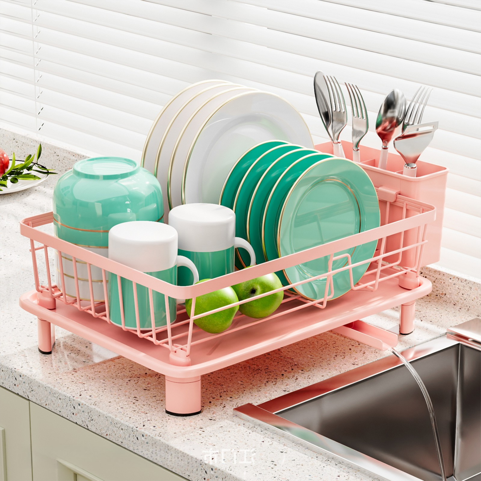 Pink Dish Drying Rack - Space-Saving Dish Rack,Dish Racks for Kitchen Counter with Drainboard, Rustproof Dish Drainer