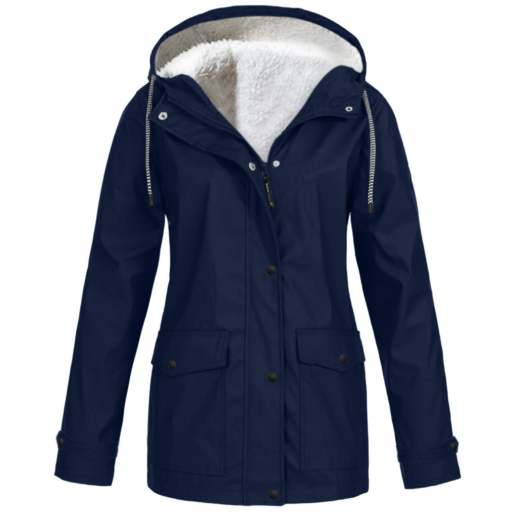 Vrouwen Pluche Jassen Winterjas Jas Vrouwen Outdoor Solid Jacket Plus Size Waterdichte Hooded Regenjas Windjack Lichtgewicht: Navy / 5XL