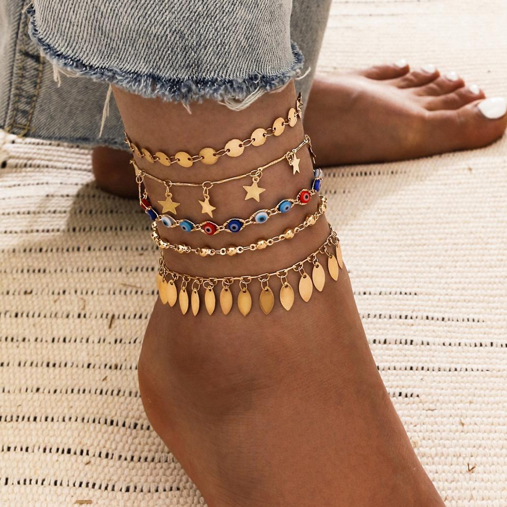 Bohemian Eliv Auge Quaste Ankle Armband Sterne Perlen Charme Fuß Armband Kette Boho Schmuck Fußkettchen Für Frauen