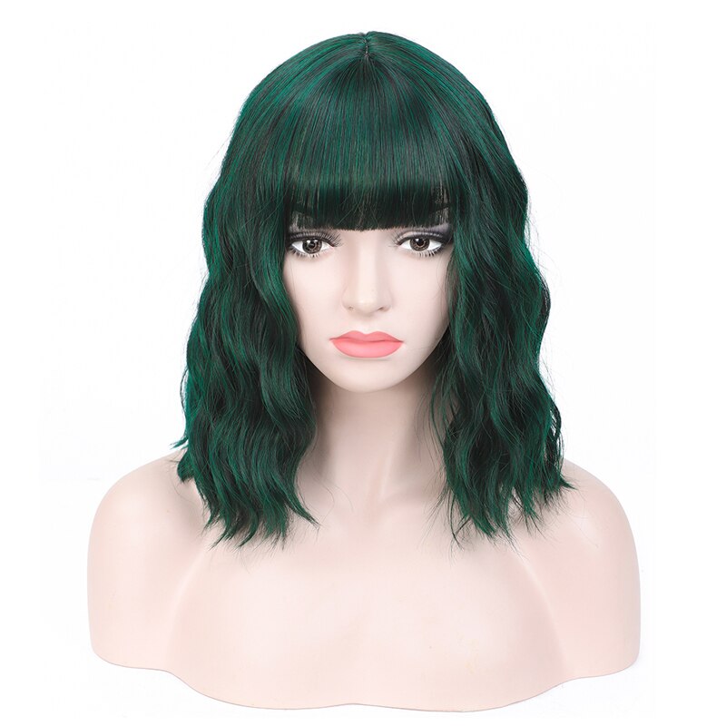 Perucas de cabelo curto ondulado sintético da onda de água com franja fibra resistente ao calor cosplay peruca de cabelo diário preto vermelho azul claro: Dark Green