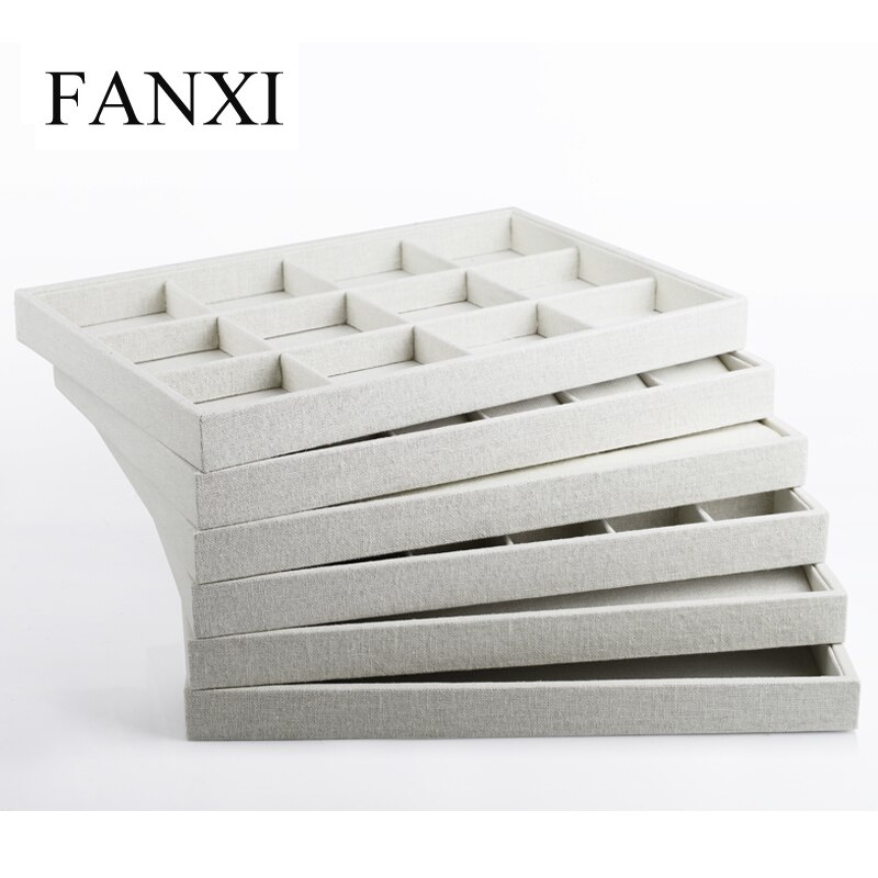 Fanxi træ smykker pakningsbakke med linned til smykker butiksdisk og vinduesbeige linned ringbakker