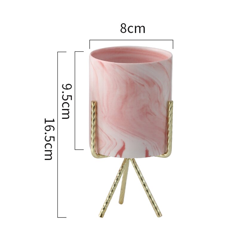 1 stuk scandinavische stijl marmeren keramiek ijzeren kunst vaas bloempot met ijzeren houder tafelblad huis bruiloft woonkamer decoratie: Roze l