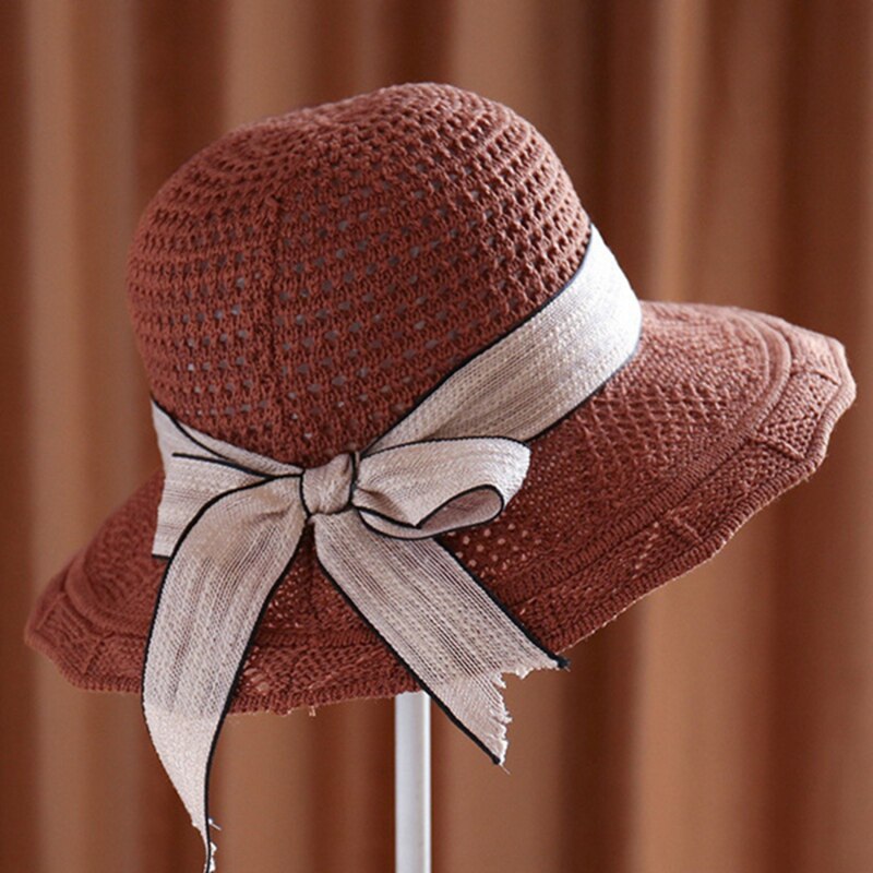 Sombrero plegable de ala ancha flexible para niña y mujer, gorro de punto de ganchillo, sombrero de playa para mujer, gorro de viaje con protección UV, sombrero de mujer: Red Coffe