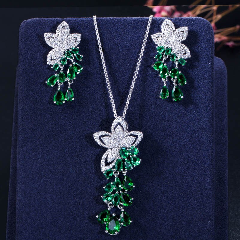 CWWZircons Cubic Zirconia Tassel Flower Earrings and Pendant Necklace Ladies Jewelry Sets T334: green