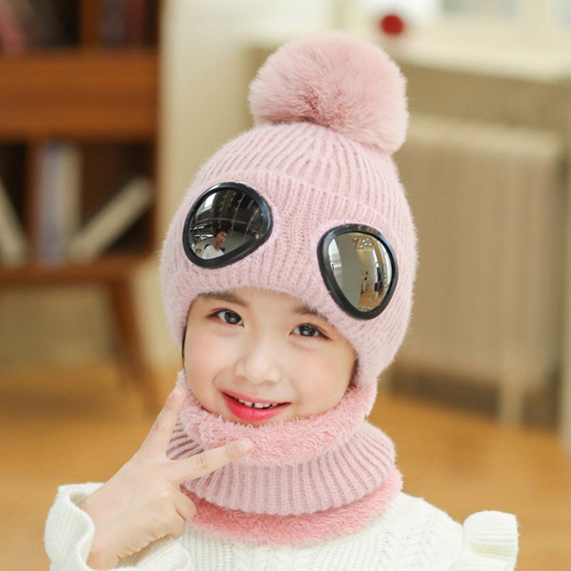 Vinterstrikket hat til piger varme beanies skullies skihue med aftagelige briller til børns udendørs sportshue