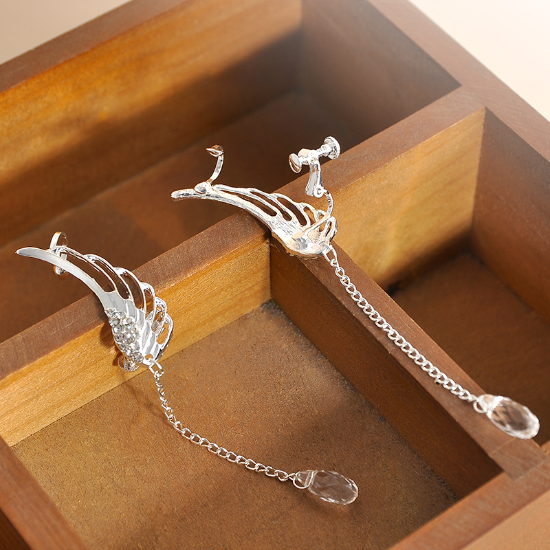 YOYORan 1 Pair crystal wing water clip earring for woman fear cuff feather long chain bead charm clip earring ear cuff jewelry