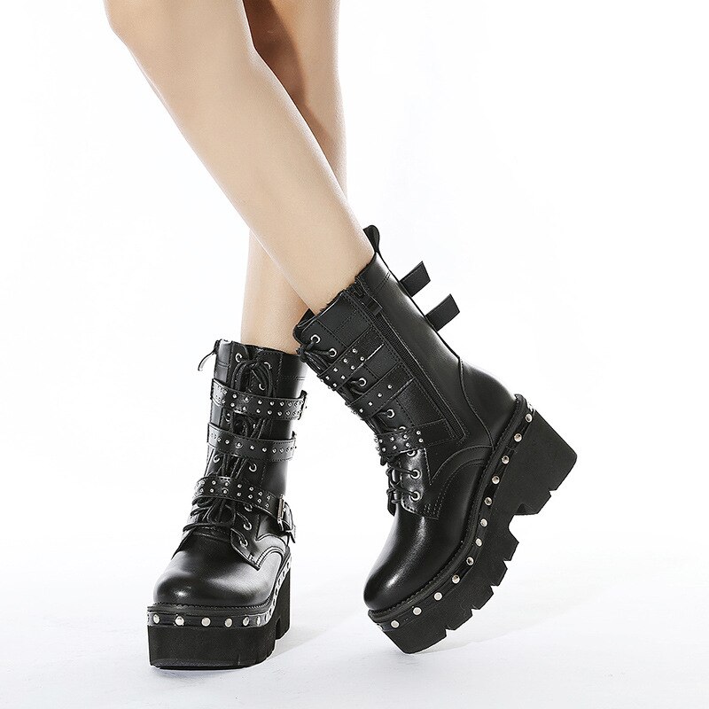 Botas de motorista Punk para mujer, botines con remaches, plataforma, Corss, hebilla plana baja, decoración, suela de goma, zapatos con cremallera