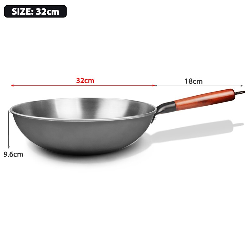Traditionele Chinese Wok Ongecoat Non-stick Wok Pan Inductie Kookplaat Steak En Ei Koekenpan Houten Handvat Keuken Kookgerei: 32CM