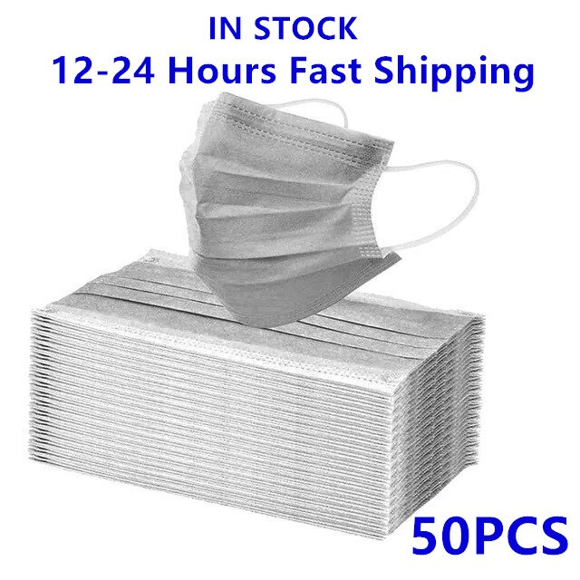 10/50 stk. maske engangs ansigtsmaske sort nonwoven 3 lag filter anti-støv åndbar beskyttende voksenmaske mundmasker på lager: Grå -50