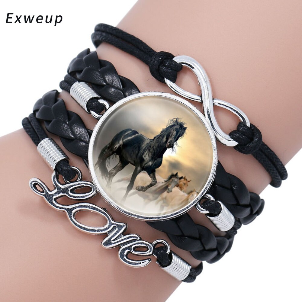 Exweup Vintage Horse Pattern Black Leather Bracelets Bangles Love letter Crystal Gem stone Bracelets Women Bangle Wristbands