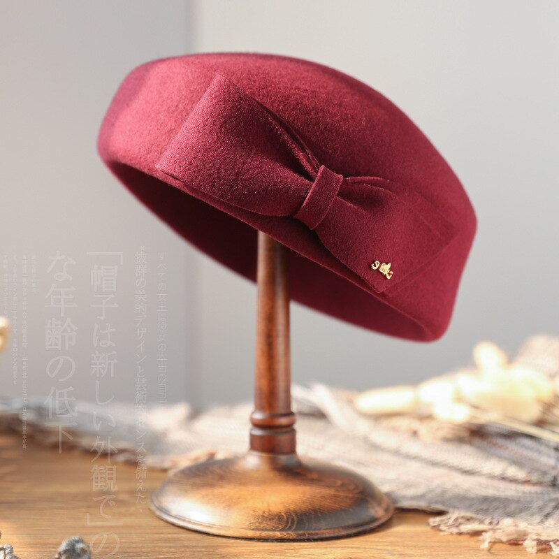 Dame lille størrelse stewardesse hat smart malerhat fest fedora kasket damer 100%  australien uldfilt baret 52-55cm 55-57cm: Burgunder  d20 / S 52-55cm