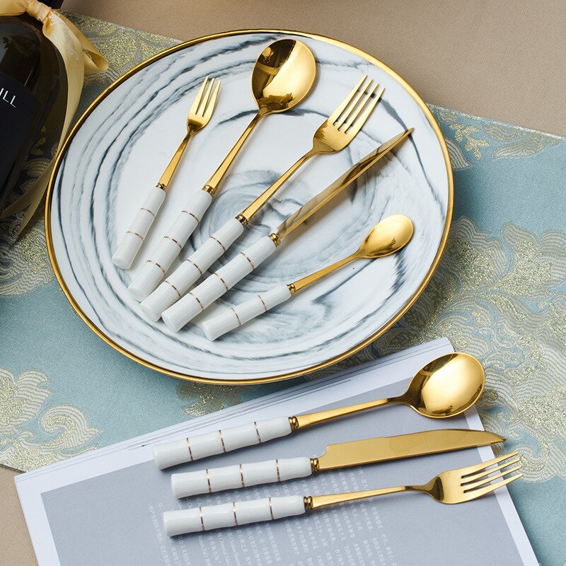 Cathylin Ceramic Handle Western Flatware 4 pcs Stainless Steel Cutlery Set Knife Fork Spoon Teaspoon Dinner Set Dinnerware Set