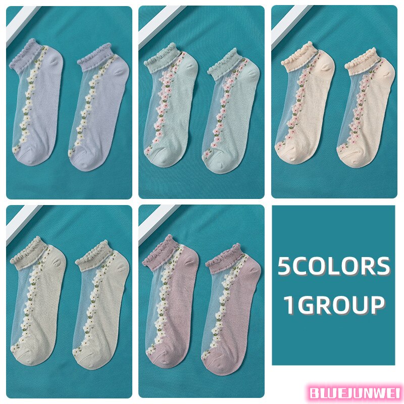 5 paires de chaussettes pour femmes, été, motif floral, chaussettes en soie, cristal, douces, en coton, respirantes, à la cheville: 14