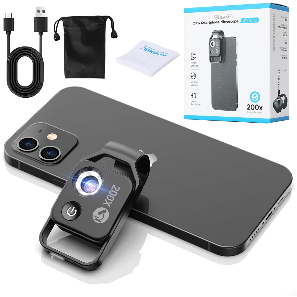 200X Phone Mini Pocket Microscope w/ LED Light/Universal Clip,Nano Zoom Digital Microscope Camera,Microworld for Kids Adults