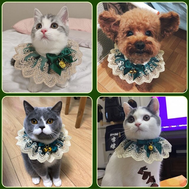 Pet Lace Bib Cat Dog Photography Props Rabbit Collar Bell Accessories Saliva Towel Pearl Pendant Adjustable