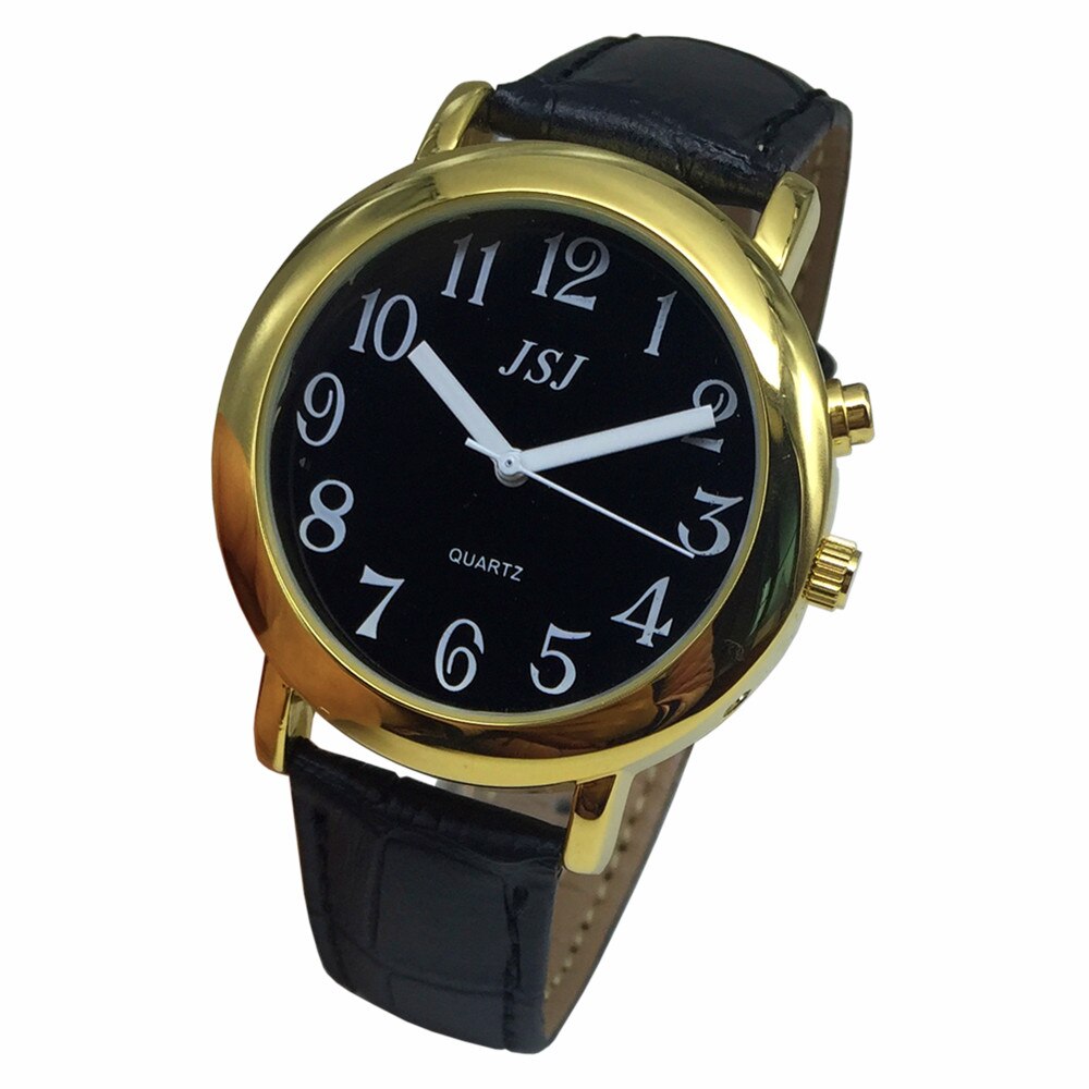 Montre Parlante Analogique avec Alarme Annonce de l'heure et Date en Français pour Aveugle et Les Personnes Malvoyant, Couleur Dorée, Bracelet Cuir Noir TAF-G607