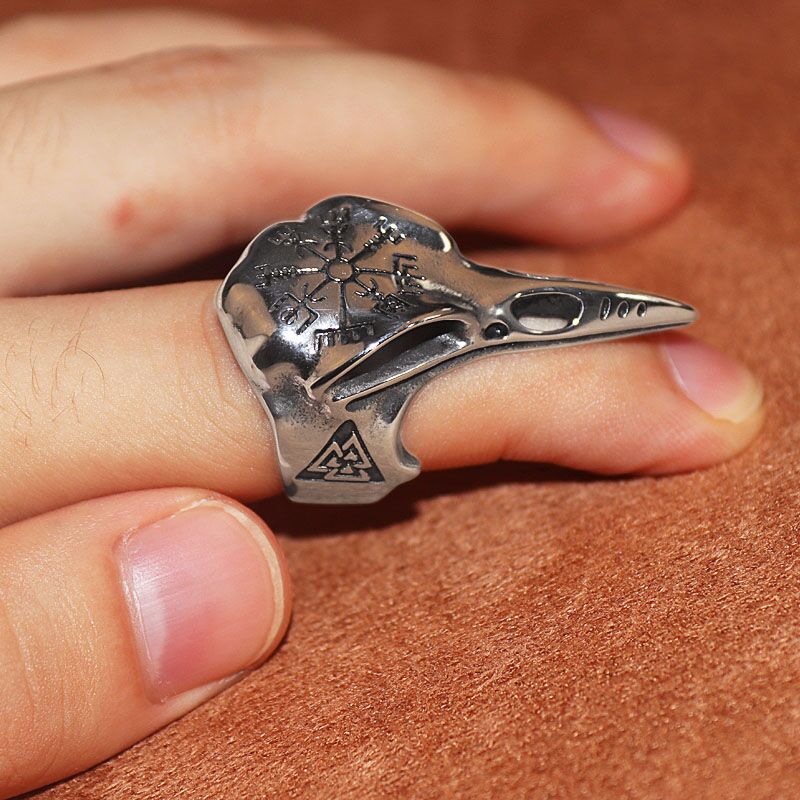 Vintage Viking Style Odin Crow Skull Compass Ring Suitable for Men&#39;s Gothic Jewelry Amulet Ring