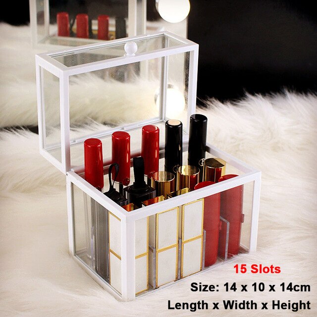 15/24/40 Slots Glass Lipstick Holder Dustproof Display Case Beauty Storage Box Luxury Makeup Organizer with Removable Dividers: White 15 Slots