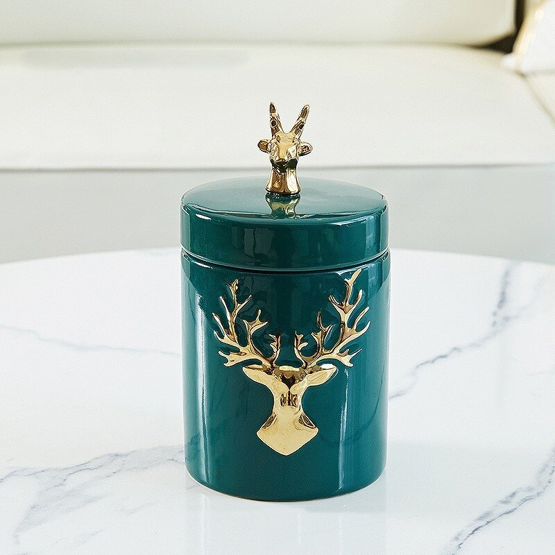 European-style Ceramic Deer Head Storage Jar Green Golden Deer Decoration Household Candy Jar Kitchen Storage Container
