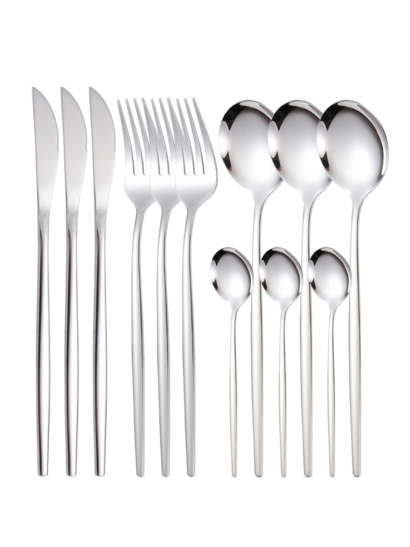 12pc Thin stainless steel cutlery set Portugal steak knife and fork dessert spoon coffee spoon: Silver