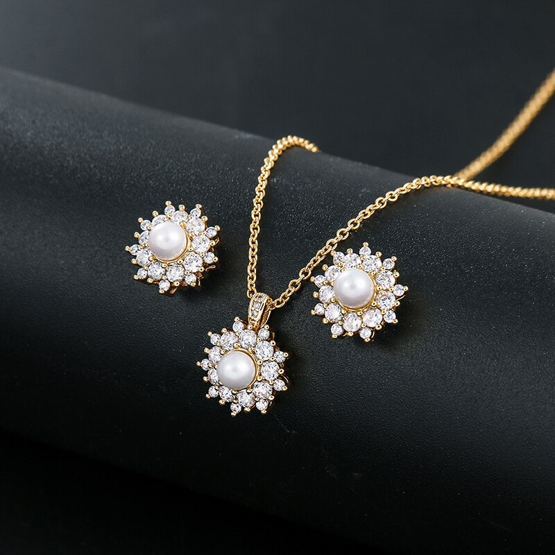 Weimanjingdian Exquisite Zirconia En Shell Parel Bloem Ketting Oorbel Bruids Sieraden Set