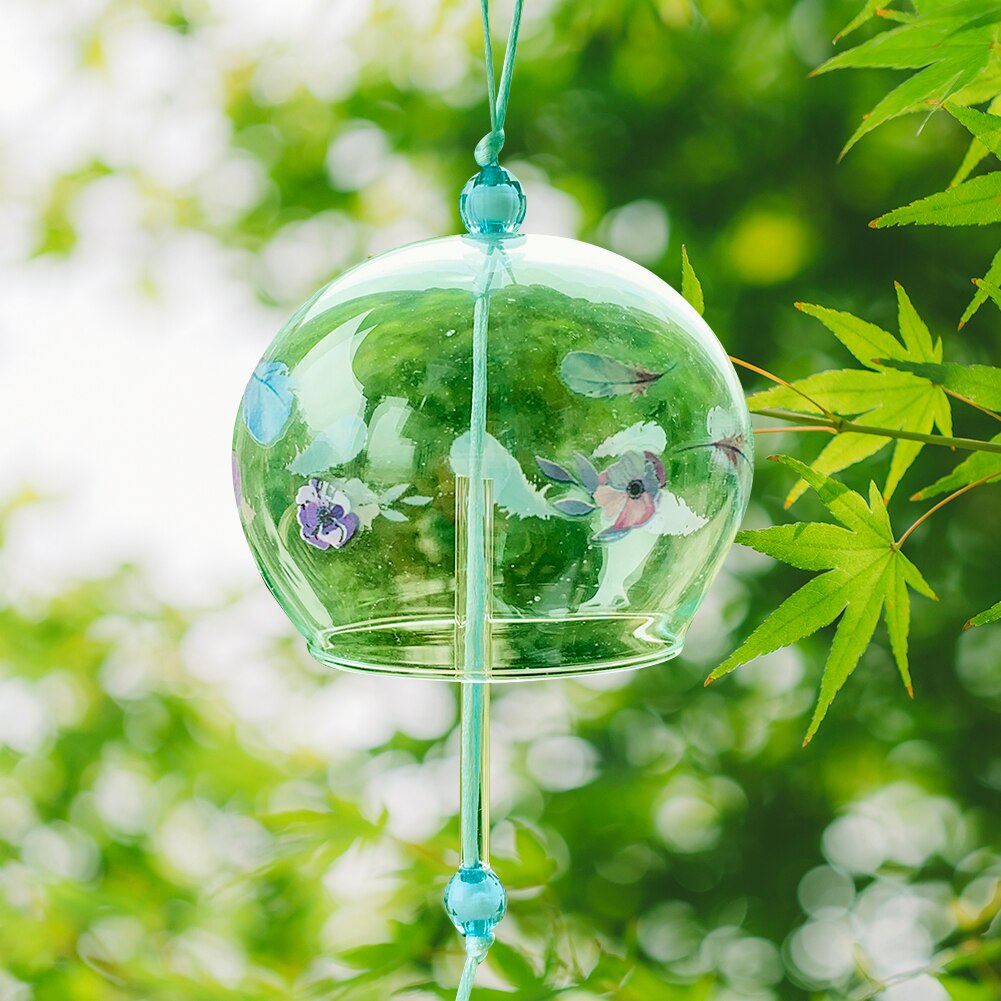 Japanese-style Handmade Painted Flowers Feather Glass Wind Chimes Sticky Note Tassel Pray Blessing Feng Shui Yard &amp; Garden Decor