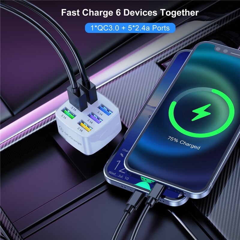 Lovebay Fast Charging Car Charger 75W 15A Multiple Ports Plug QC 3.0 Car Adapter USB LED Charger For Xiaomi Samsung Huawei Etc.