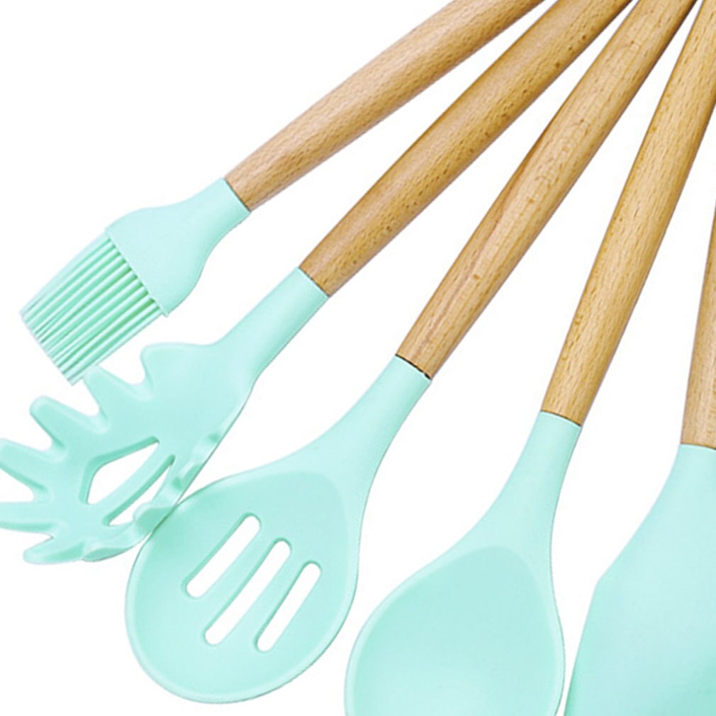 Non-Stick Silicone Kitchen Portable Mini Kitchen Set With Wood Handle Shovel Scraper Colander Food Clip Egg Beater